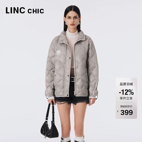 LINC金羽杰短款轻薄羽绒服女反季宽松罩衫款翻领保暖外套女2037