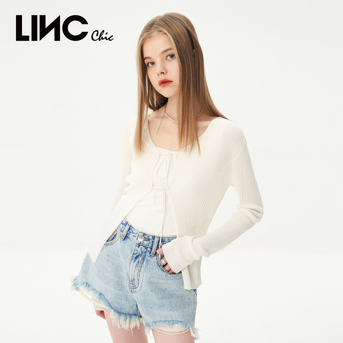 LINC金羽杰春夏新款短款修身真丝针织开衫外套女S232CR346Y
