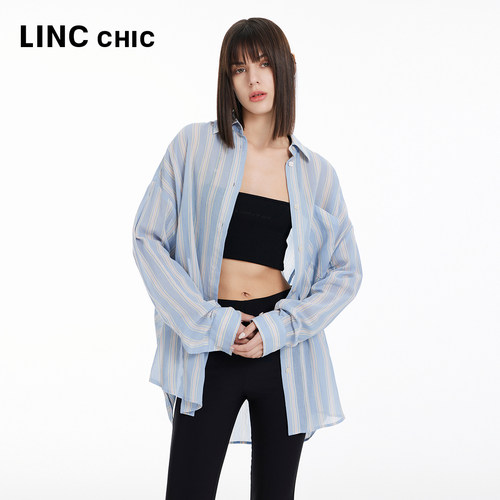 LINC金羽杰年春夏季轻透宽松落肩造型感条纹衬衫女S241SH187Y