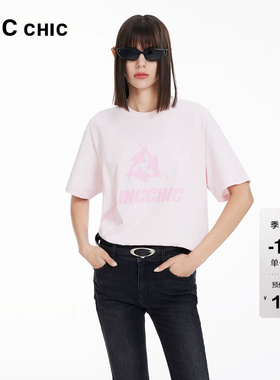 LINCCHIC金羽杰短袖上衣女圆领宽松廓形印花大T恤女S241TS034Y