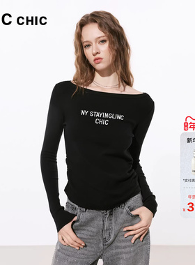 LINCCHIC金羽杰2026年春季新品一字领露肩长袖T恤女S261FK061Y