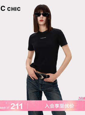 LINC金羽杰正肩短袖女T恤夏字母印花半袖圆领百搭修身T恤女TS463Y