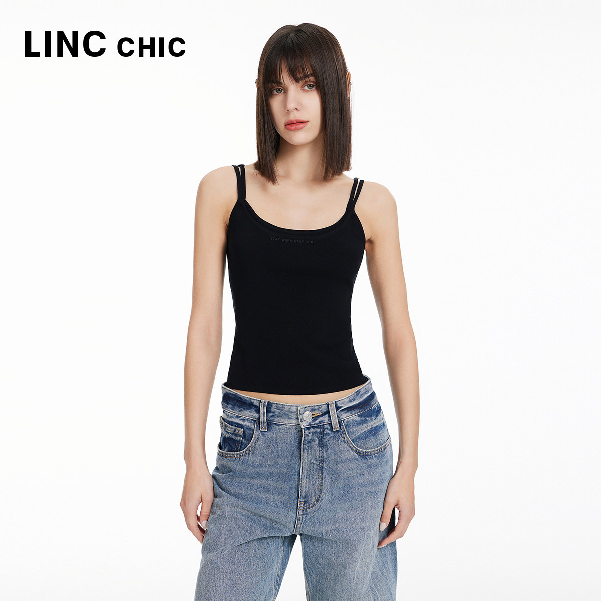 LINCCHIC金羽杰24年春夏新品设计感细带针织吊带背心女S241SW121Y