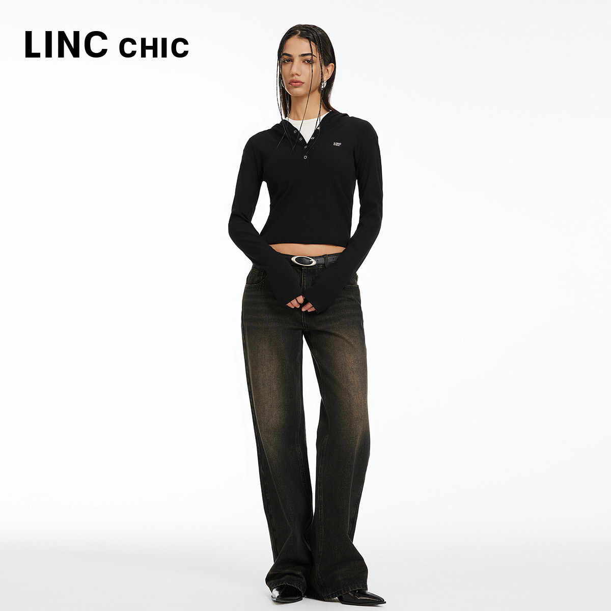 LINCCHIC金羽杰复古牛仔裤子女款中腰直筒阔腿牛仔裤女JE398Y