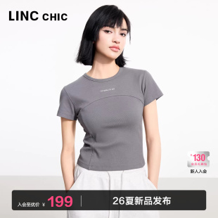 机能感露背上衣小圆领半袖 新款 T恤女夏FK190Y 女T恤夏季 LINC短袖