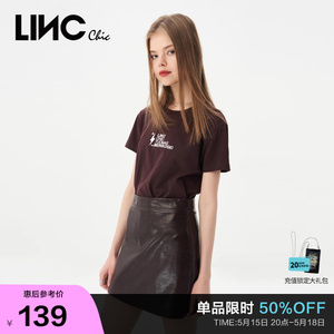 LINCCHIC金羽杰T恤女简约H版印花圆领短袖刺绣T恤女S231TS025Y