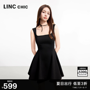 LINC金羽杰夏季 掐腰連衣裙方領假日小黑裙女452Y 裙子女巨好看