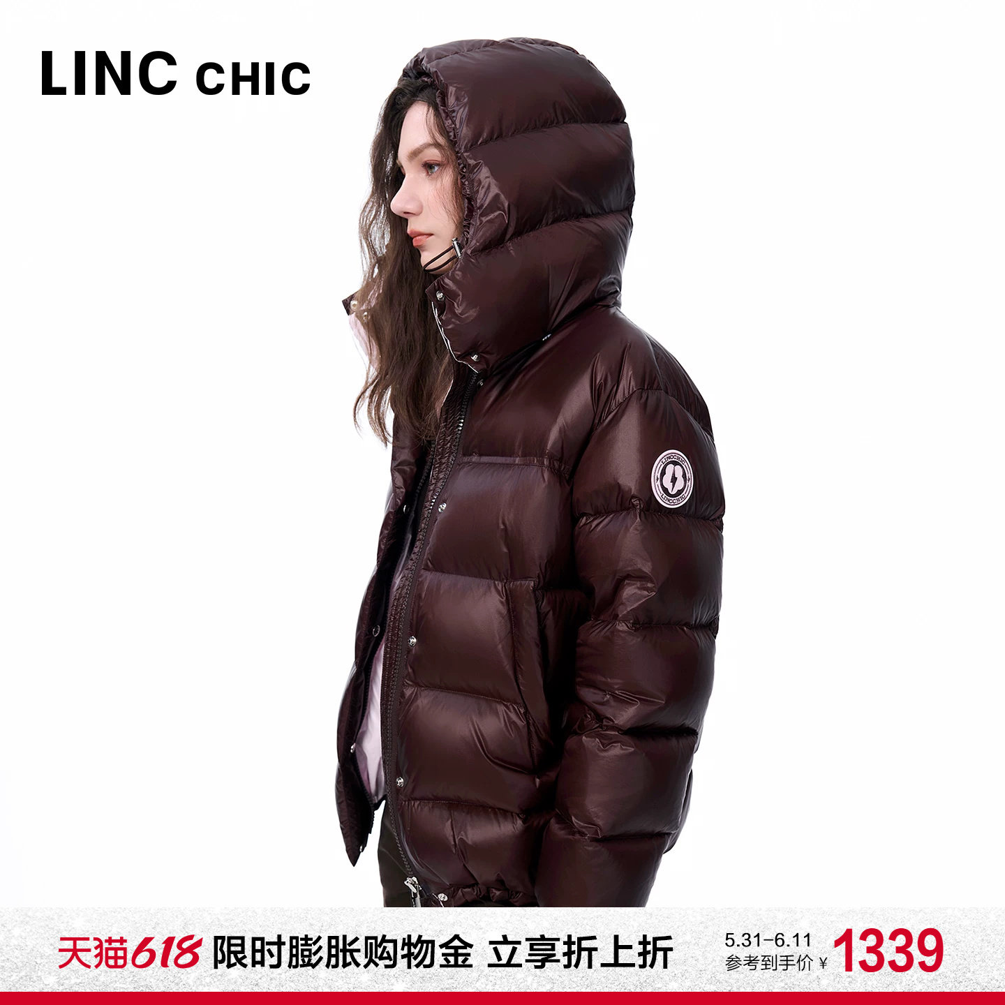 LINC金羽杰25年冬季新款量感撞色连帽短款面包羽绒服女反季2250