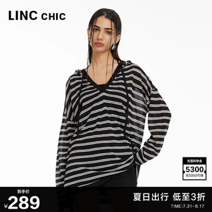 薄透连帽条纹防晒针织罩衫 LINCCHIC金羽杰V领针织衫 女上衣SW448Y