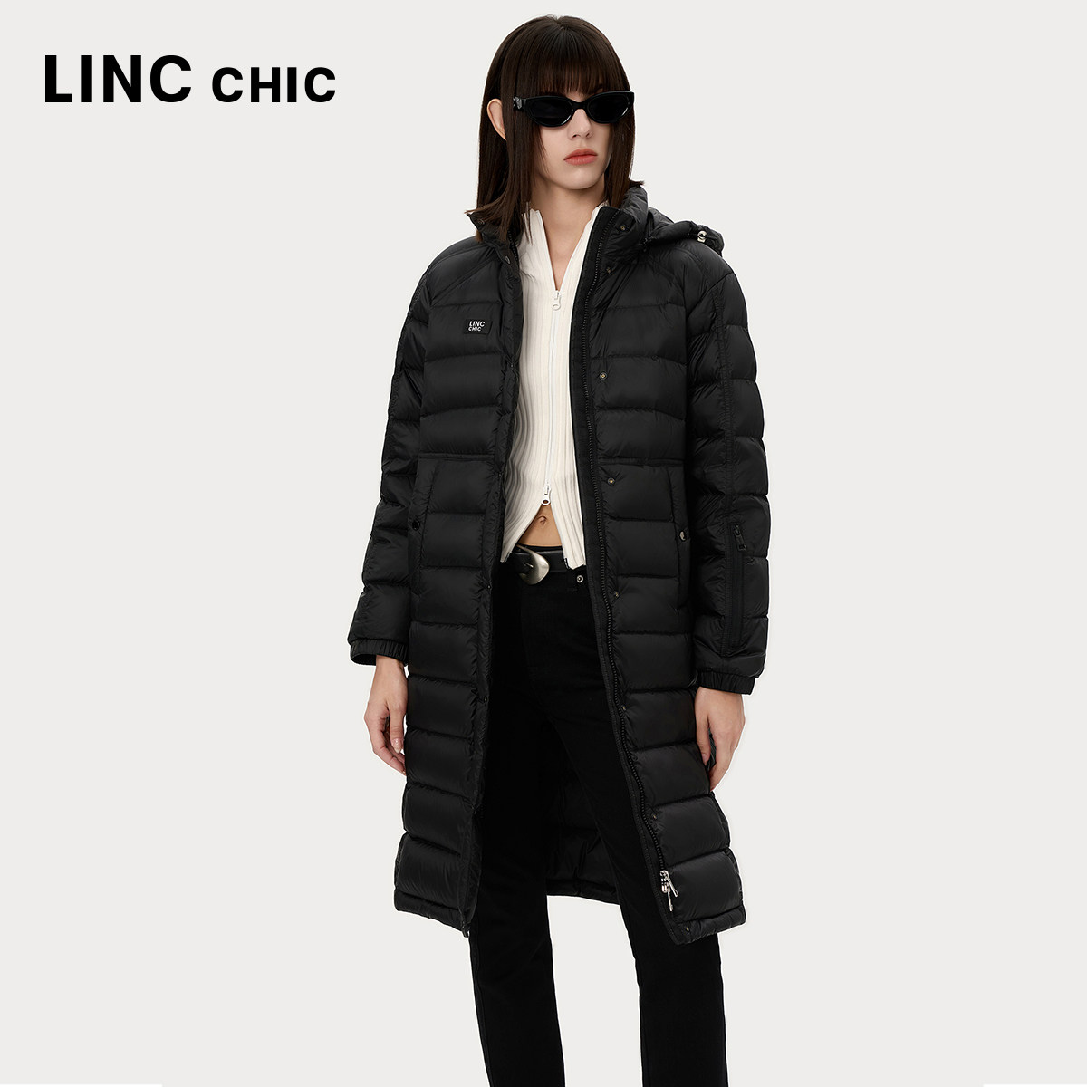 LINC金羽杰羽绒服女连帽防护感轻薄羽绒服女长款外套Y24308176