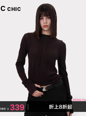 LINC金羽杰针织衫女绵羊毛修身连帽针织衫薄款内搭女帽衫SW587Y