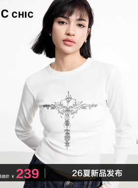 LINC金羽杰打底衫女春新款圆领印花修身长袖T恤女内搭上衣FK077YY