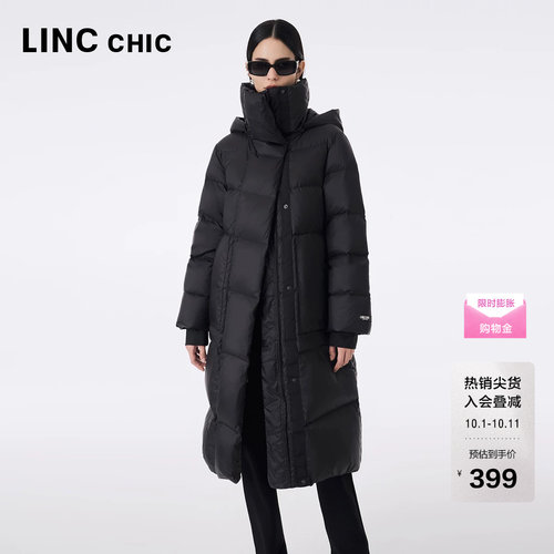 LINCCHIC金羽杰长款羽绒服女防护设计感连帽面包服翻领羽绒服8243
