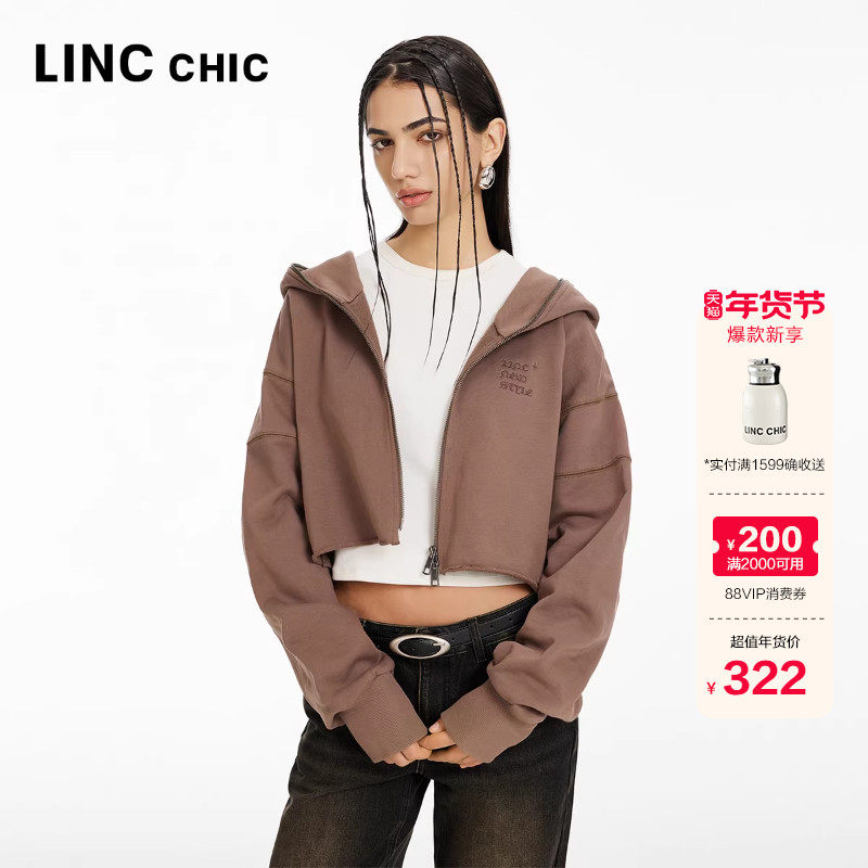 LINC金羽杰外套女款秋连帽落肩学院哥特感短款卫衣外套女HD038Y