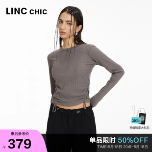 性感抽褶圆领修身 长袖 新品 LINCCHIC金羽杰2024年春季 T恤女FK091Y