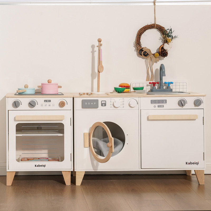 어린이 주방 장난감  3 시뮬레이션 요리 나무 주방 세탁기 냉장고 세트 유럽 인 플레이 하우스