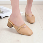 女外穿韩版 新款 方头百搭32小码 网红半拖鞋 穆勒鞋 舒适软皮粗跟凉拖