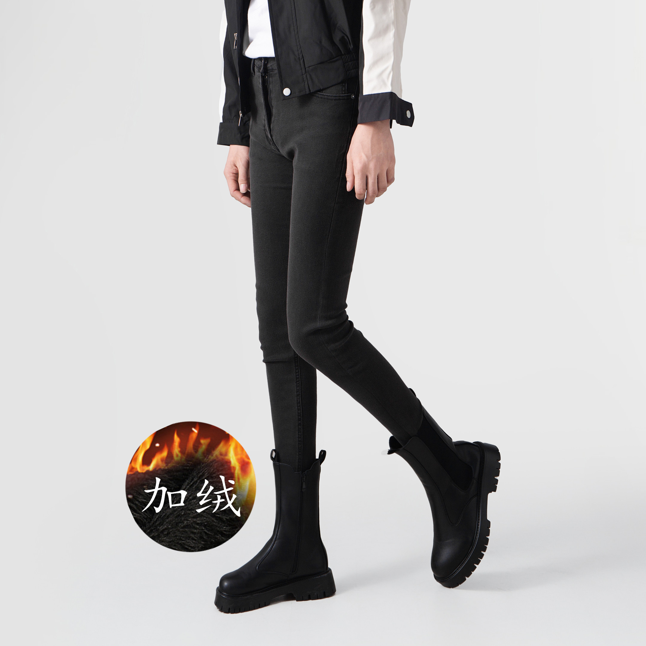 加绒加厚冬季款弹力深色男装小脚裤铅笔裤潮牌紧身牛仔裤修身新款