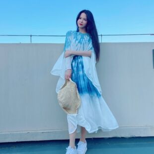 一澈扎染原创设计手工植物蓝染丝麻飘逸仙女宽松蝙蝠防晒罩衫上衣