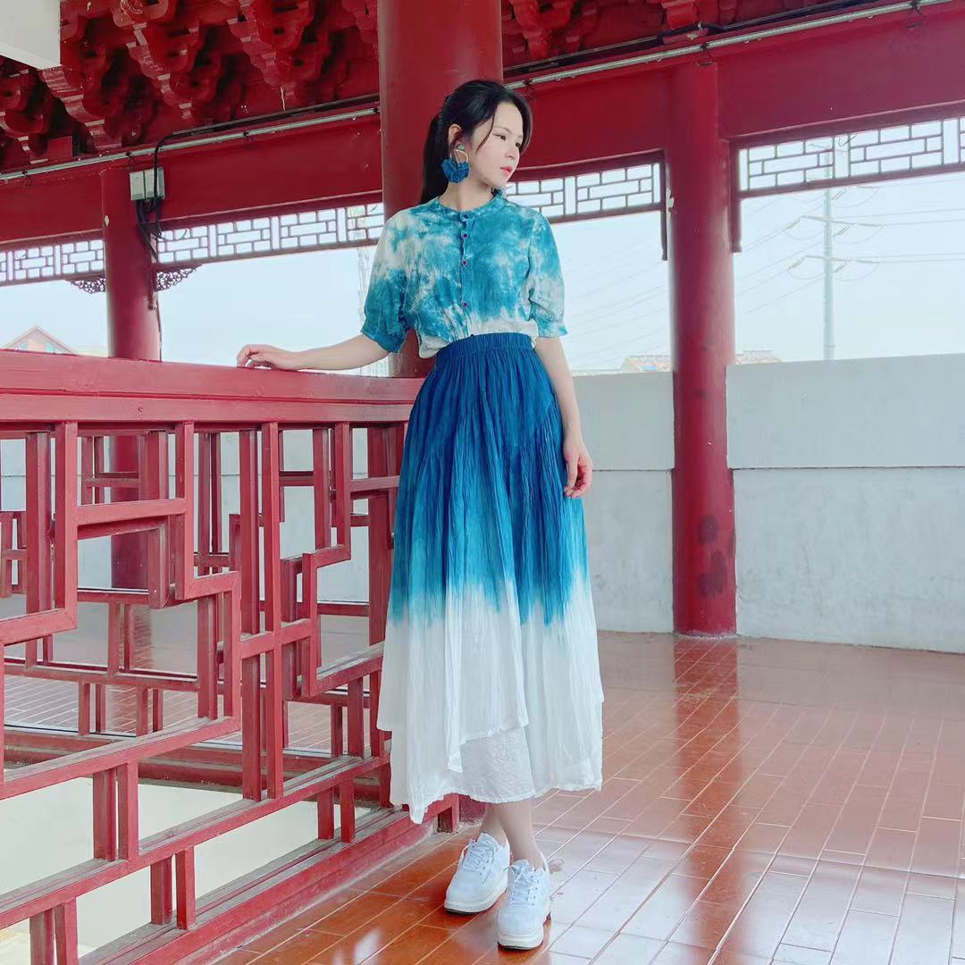 一澈原创设计手工扎染植物蓝染棉麻文艺小清新复古短袖女上衣衬衫