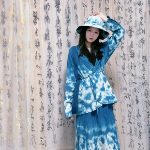 一澈扎染手工植物染蓝染新中式文艺女亚麻西服开衫外套半身裙套装