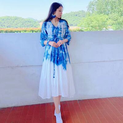 一澈扎染蓝染纯棉长裙连衣裙