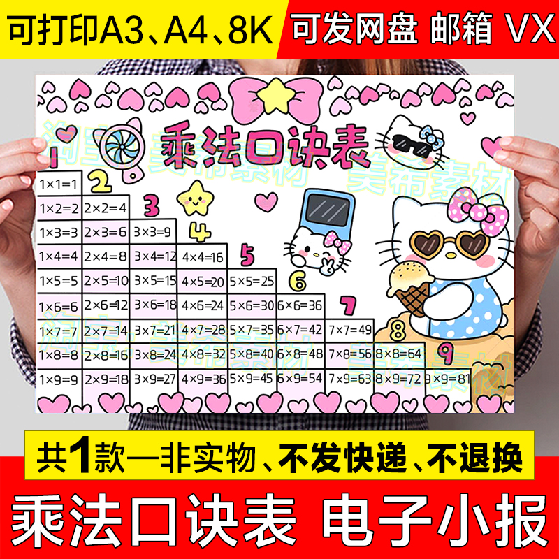 卡通简约九九乘法表手抄报模板小学生趣味数学乘法口诀表小报线稿