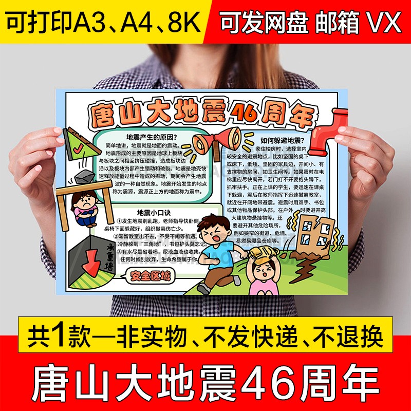 唐山大地震46周年手抄报中小学生电子小报地震知识a4线稿a3模板8k