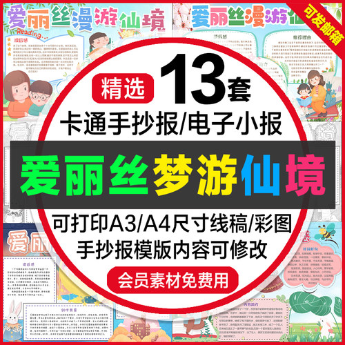 爱丽爱梦游仙境电子小报模版爱丽丝漫游仙境读后感线稿手抄报模板