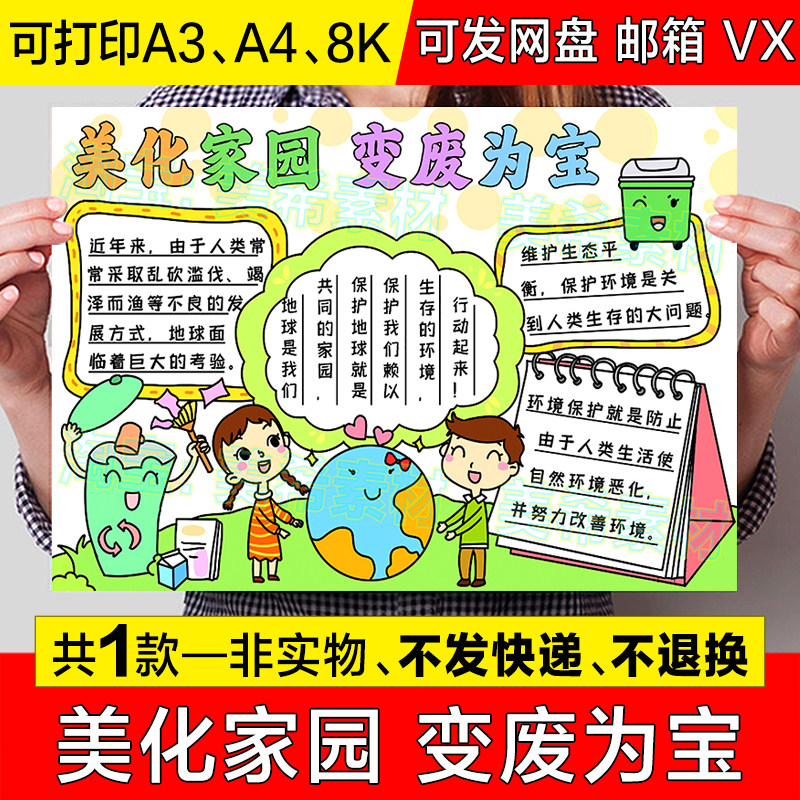 美化家园变废为宝手抄报模板小学生绿色环保废品回收利用小报线稿
