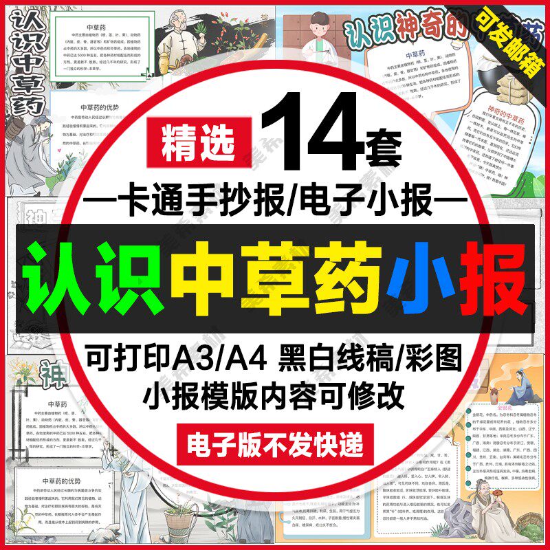 认识中草药手抄报电子版神奇的中草药知识线稿a4小报a3模板8k素材