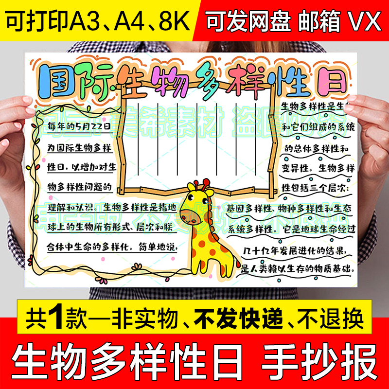 国际生物多样性日手抄报小学生保护野生动物植物电子小报线稿模板