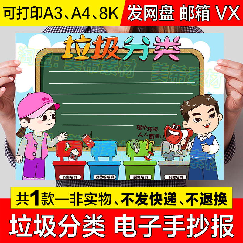 垃圾分类手抄报模板电子版中小学生保护环境绿色环保低碳小报线稿