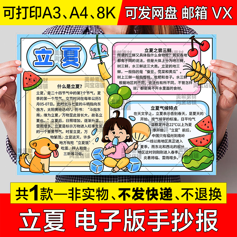 立夏时节手抄报小学生二十四节气传统节日习俗电子版小报线稿模板