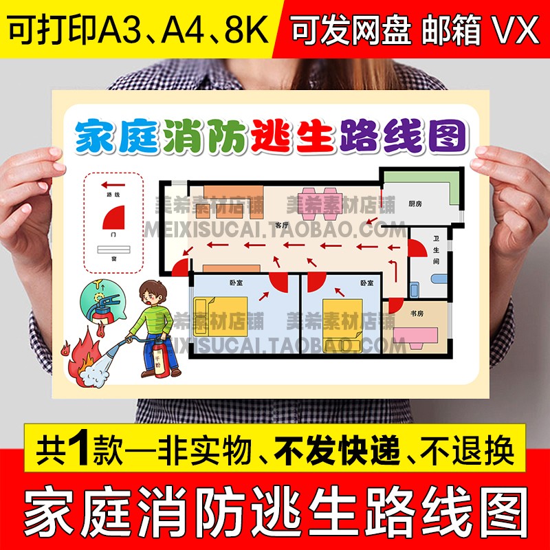 家庭消防逃生路线图儿童绘画手抄报消防火灾示意图电子小报线描稿