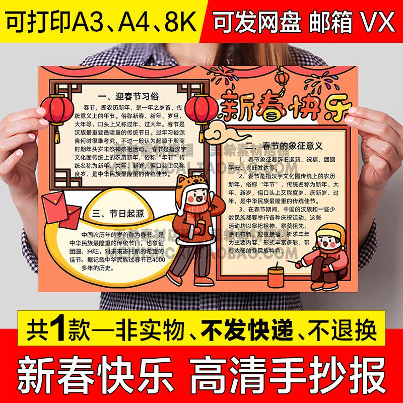 2024年龙年新春快乐手抄报模板电子版小学生春节新年快乐小报线a4