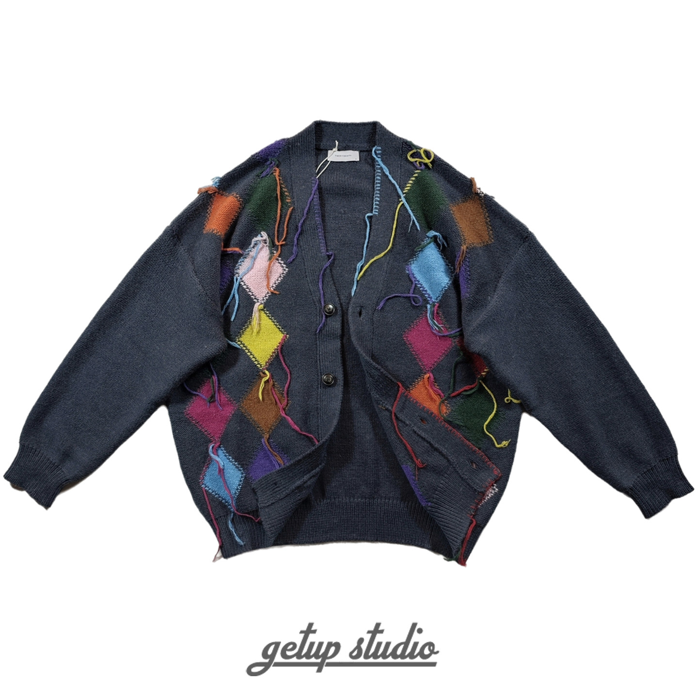 GETUP 复古菱格纹针织开衫男v领手工毛衣学院风外套