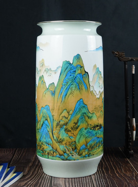 仿古分彩书画筒景德镇中式陶瓷家居客厅装饰花瓶工艺品摆件
