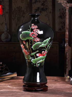 景德镇陶瓷装饰水晶釉花瓶中式贴花工艺品摆件纯手工黑底荷花花瓶