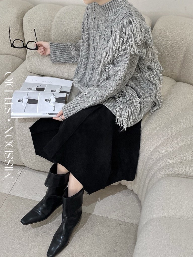 秋冬新款慵懒风20%羊毛混纺手工粗针流苏麻花宽松保暖针织毛衣女
