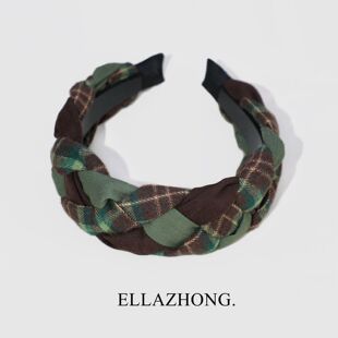 小众设计 棕绿色发箍文艺复古头箍森系格子宽发卡带齿度假发饰