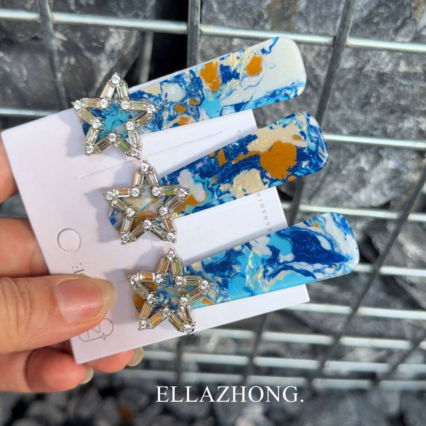 原创设计~高颜值小众大理石纹星星边夹发夹树脂水钻发夹ins风发饰