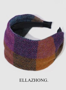 羊毛高品~8cm超宽温暖发箍头箍复古紫色个性方格发卡韩国发饰头饰