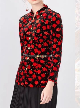 金丝绒平绒长袖外套女2025春秋新款黑色底红玫瑰花绿叶沐*兰CS12