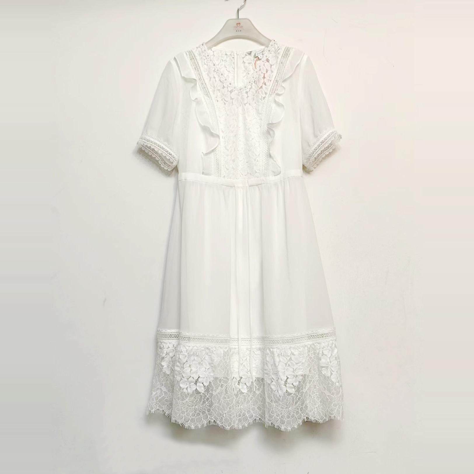 玖Z短袖连衣裙雪纺拼蕾丝木耳花边性感中长裙白色女2024夏02