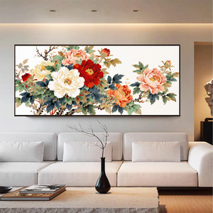横版牡丹图diy数字油画轻奢新中式客厅花卉装饰挂画 花开富贵吉祥
