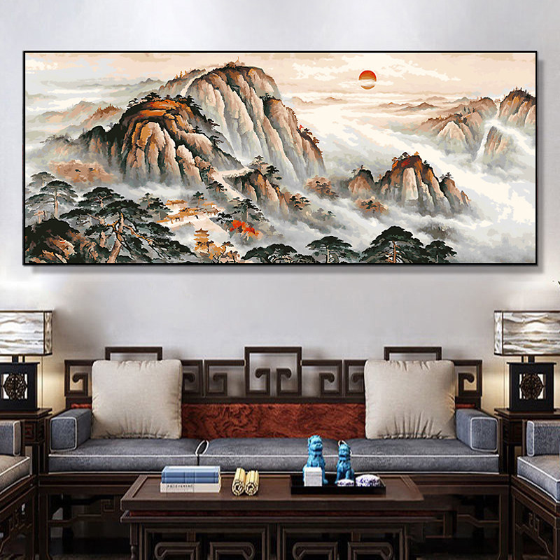 横版泰山日出diy数字油画五岳独尊有山无水中式客厅办公室装饰画