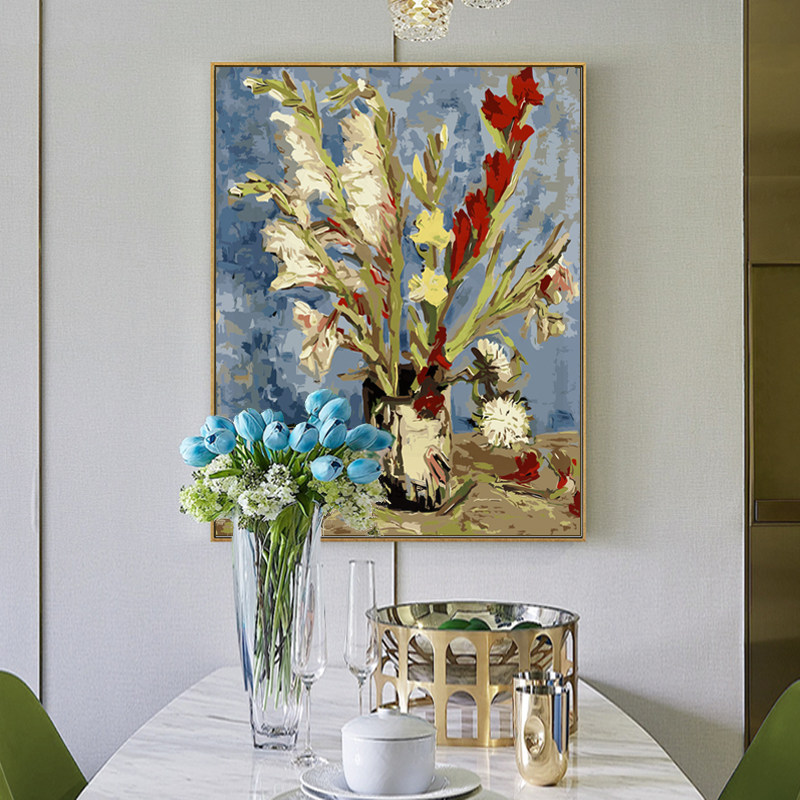 梵高数字油画diy填充世界名画北欧客餐厅花卉油彩装饰画花瓶 三拼