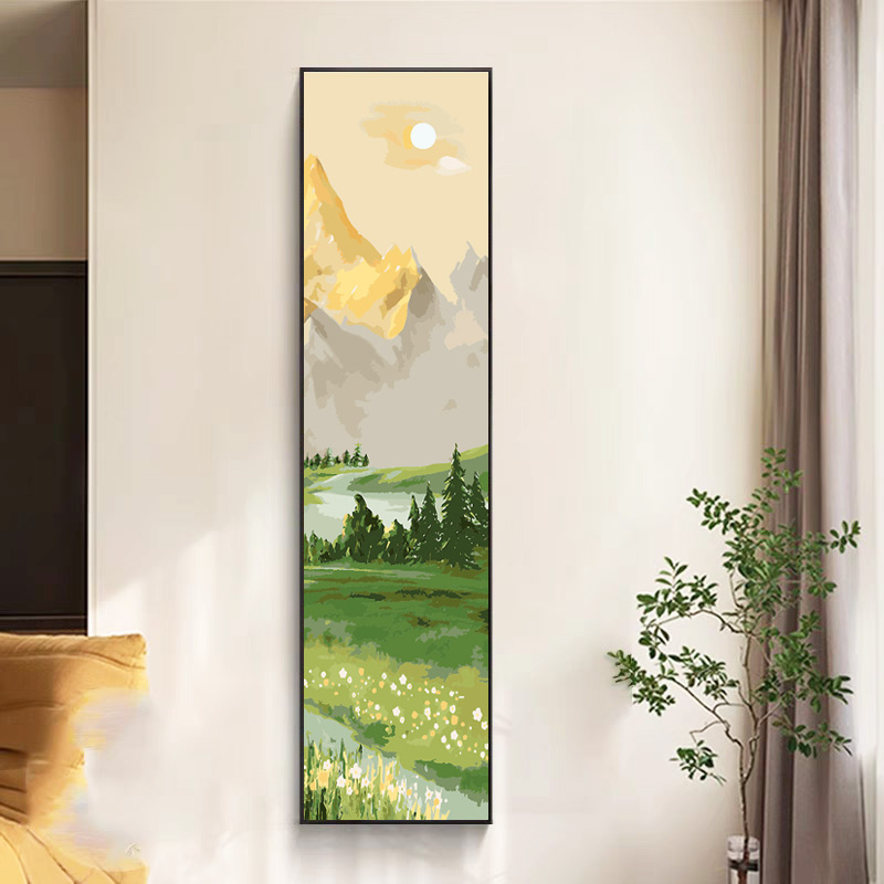 竖版细长条日照金山DIY数字油画客厅玄关过道装饰画现代简约挂画