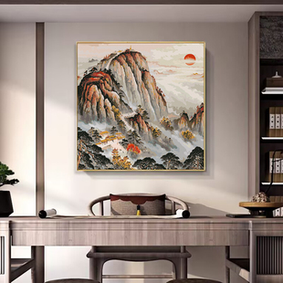 正方形泰山日出DIY数字油画有山无水玄关客厅书房招财风水装饰画